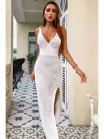 Örme Wrap Yaka Yırtmaçlı Plaj Elbisesi Pareo Angelsin MS 4370 Beyaz Beyaz detay görünüm