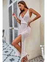 Örme Wrap Yaka Yırtmaçlı Plaj Elbisesi Pareo Angelsin MS 4370 Beyaz Beyaz görsel 4