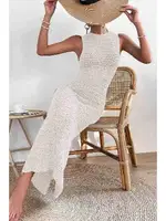 Örme Yırtmaçlı Pareo Plaj Elbisesi Kimono Krem Angelsin 4531 Krem