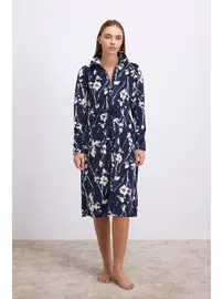Anıl Kadın Çiçek Desenli Fermuarlı Kadife Sabahlık Takımı Anıl 11537