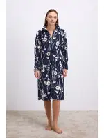Kadın Çiçek Desenli Fermuarlı Kadife Sabahlık Takımı Anıl 11537 Lacivert