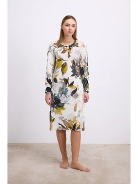 Anıl Kadın Uzun Kollu Çiçek Desenli Lenzing Viskon, Düğmeli Yaka Detaylı Gecelik Anıl 11553