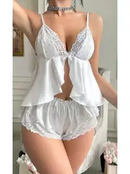 NightLight Arkadan Bağlamalı Dantelli Saten Fantazi Mini Şort Takım NightLight 3799