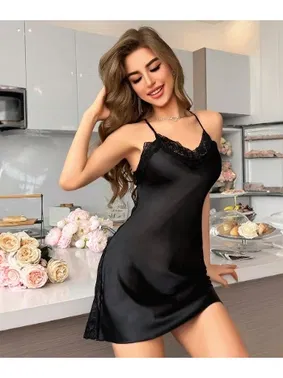 Lily Bianca Arkası Dantelli Sırt Dekolteli Siyah Fantazi Saten Gecelik Lily Bianca 447
