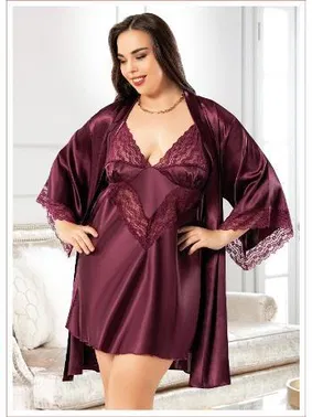 Miss Laris Asimetrik Dantelli Büyük Beden Saten Gecelik Sabahlık Takımı Miss Laris 6005