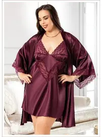 Miss Laris Asimetrik Dantelli Büyük Beden Saten Gecelik Sabahlık Takımı Miss Laris 6005
