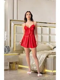 Pink Night Asimetrik Dantelli Çapraz Askılı Saten Kırmızı Gecelik Pink Night 3832