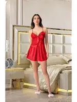 Asimetrik Dantelli Çapraz Askılı Saten Kırmızı Gecelik Pink Night 3832 Kırmızı