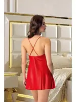 Asimetrik Dantelli Çapraz Askılı Saten Kırmızı Gecelik Pink Night 3832 Kırmızı detay görünüm