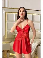 Asimetrik Dantelli Çapraz Askılı Saten Kırmızı Gecelik Pink Night 3832 Kırmızı farklı açı
