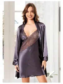 Miss Laris Asimetrik Dantelli İnce Askılı Saten Gecelik Sabahlık Takımı Miss Laris 5086