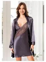 Asimetrik Dantelli İnce Askılı Saten Gecelik Sabahlık Takımı Miss Laris 5086 Gri
