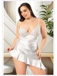 Miss Laris Asimetrik Fırfırlı Dantelli İnce Askılı Saten Büyük Beden Gecelik Miss Laris 4044