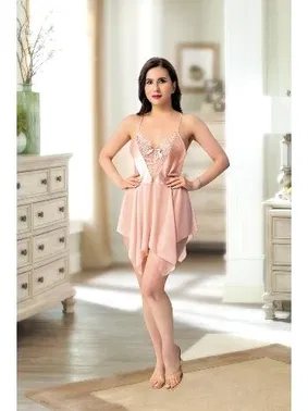 Pink Night Asimetrik Kesim Eteği Tül Kısa Saten Gecelik Pink Night 3912