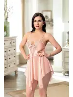 Asimetrik Kesim Eteği Tül Kısa Saten Gecelik Pink Night 3912 Pudra detay görünüm