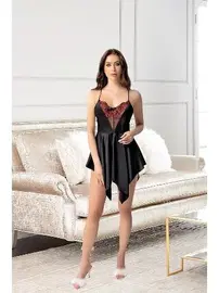 Pink Night Asimetrik Kesim İnce Askılı Siyah Kısa Saten Gecelik Pink Night 3809