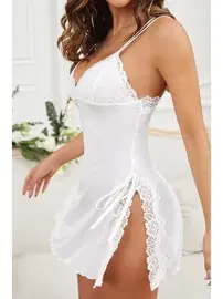 Merry See Askılı Dantel İşlemeli Yırtmaçlı Gecelik Merry See MS 2364 Beyaz