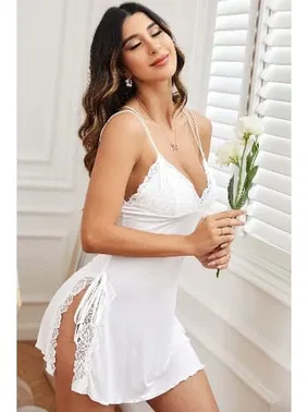 Merry See Askılı Dantel İşlemeli Yırtmaçlı Gecelik Merry See MS 2364 Beyaz - Alternatif Görünüm