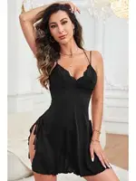 Askılı Dantel İşlemeli Yırtmaçlı Gecelik Merry See MS 2364 Siyah Siyah farklı açı