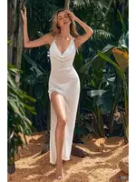 Askılı Örme Pamuk Uzun Pareo Plaj Elbisesi Kimono Kaftan Angelsin MS 4098 Beyaz Beyaz