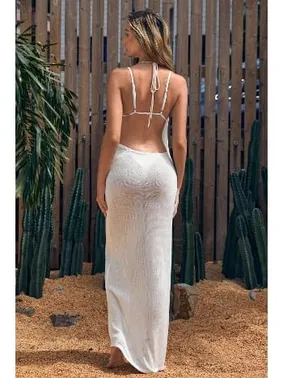 Angelsin Askılı Örme Pamuk Uzun Pareo Plaj Elbisesi Kimono Kaftan Angelsin MS 4098 Beyaz - Alternatif Görünüm