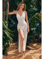 Askılı Örme Pamuk Uzun Pareo Plaj Elbisesi Kimono Kaftan Angelsin MS 4098 Beyaz Beyaz görsel 4