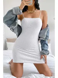 Merry See Askılı Vücudu Saran Şık Mini Elbise Merry See MS 4394 Beyaz
