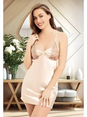 Miss Laris Ayar Askılı Büzgülü Kısa Dantelli Saten Gecelik Miss Laris 2076