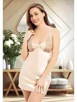 Ayar Askılı Büzgülü Kısa Dantelli Saten Gecelik Miss Laris 2076 Pudra