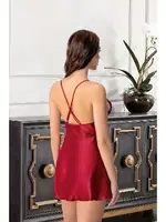 Ayar Askılı Sırtı Çapraz Bağlamalı Saten Kısa Kadın Gecelik Pink Night 3853 Kırmızı detay görünüm