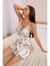 Merry See Ayarlanabilir Askılı Çiçek Baskılı Yumuşacık Şık Dantelli Saten Gecelik Merry See MS 4393 Beyaz