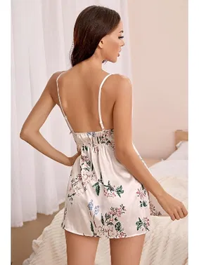 Merry See Ayarlanabilir Askılı Çiçek Baskılı Yumuşacık Şık Dantelli Saten Gecelik Merry See MS 4393 Beyaz - Alternatif Görünüm