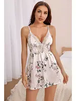 Ayarlanabilir Askılı Çiçek Baskılı Yumuşacık Şık Dantelli Saten Gecelik Merry See MS 4393 Beyaz Beyaz farklı açı