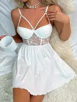 Balenli İnce Askılı Saten Kısa Fantazi Gecelik Real Passione 2097 Beyaz görsel 4