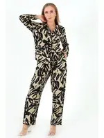 Base Desenli Uzun Kollu Kadın Pijama Takım DoReMi 002-000095 Siyah