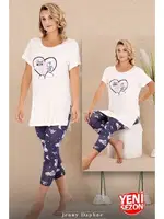 Baskılı Kısa Kollu T-Shirt Kapri Pijama Takımı Lady 12069 Beyaz