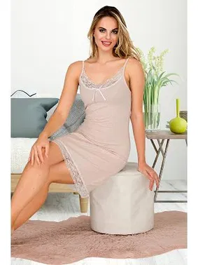 Lady Bej Dantelli İnce Askılı Midi Boy Viskon Kadın Tunik Gecelik  Lady 5510