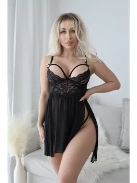 Beleng Derin Yırtmaçlı Dantelli Erotik Gecelik Beleng 6065