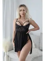 Derin Yırtmaçlı Dantelli Erotik Gecelik Beleng 6065 Siyah
