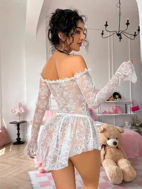 Beleng Düşük Omuz Dantelli Erotik Beyaz Gecelik Beleng 6087 - Alternatif Görünüm