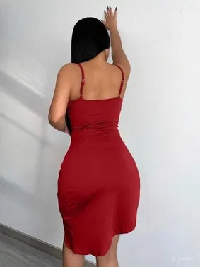 Beleng Bordo Asimetrik Kesim İnce Askılı Fantazi Elbise Beleng 7081 - Alternatif Görünüm