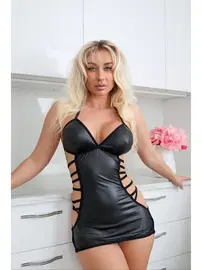 Beleng Boyundan bağlamalı Arkası İpli Erotik Deri Elbise Beleng 9615