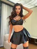 Etekli Erotik Deri Fantazi Büstiyer Takım Beleng 9705 Siyah