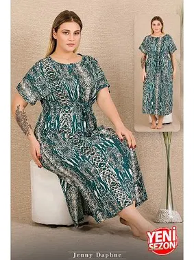 Lady Beli Büzgülü Kısa Kollu Desenli Büyük Beden Elbise Gecelik Lady 7287