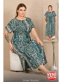 Lady Beli Büzgülü Kısa Kollu Desenli Büyük Beden Elbise Gecelik Lady 7287