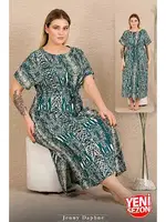 Beli Büzgülü Kısa Kollu Desenli Büyük Beden Elbise Gecelik Lady 7287 Yeşil