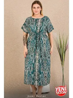 Lady Beli Büzgülü Kısa Kollu Desenli Büyük Beden Elbise Gecelik Lady 7287 - Alternatif Görünüm