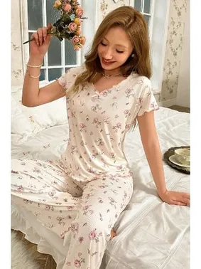 Bella Notte Pamuklu Çiçek Desenli Kısa Kolu Pijama Takımı Bella Notte 7139