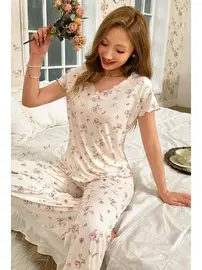 Bella Notte Pamuklu Çiçek Desenli Kısa Kolu Pijama Takımı Bella Notte 7139