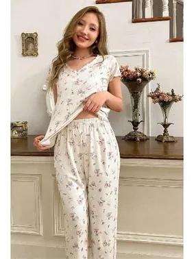 Bella Notte Pamuklu Çiçek Desenli Kısa Kolu Pijama Takımı Bella Notte 7139 - Alternatif Görünüm